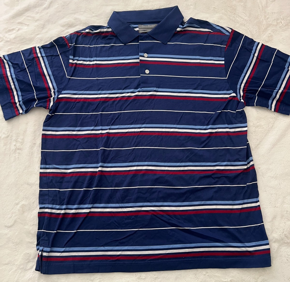 Daniel Cremieux Mens Large Polo Shirt Blue Red Striped Double Mercerized Cotton